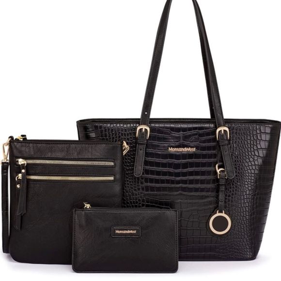 Montana West Handbags - Black Montana West Totes Large Purse Shoulder Handbag with Wallet Set 3 Pcs​​​